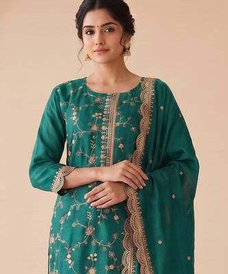 Teal silk blend  readymade suit with embroidery & zari work 2