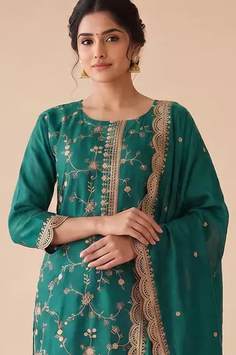 Teal silk blend  readymade suit with embroidery & zari work