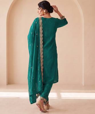 Teal silk blend  readymade suit with embroidery & zari work 3