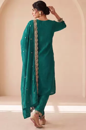Teal silk blend  readymade suit with embroidery & zari work