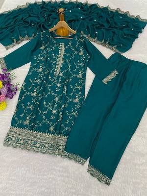 Teal silk blend  readymade suit with embroidery & zari work 4