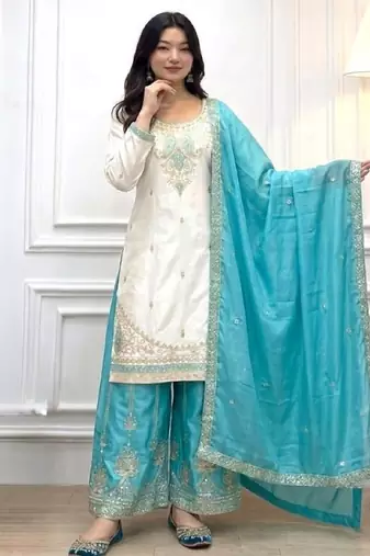 White & turquoise silk readymade suit with embroidery & mirror work