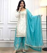 White & turquoise silk readymade suit with embroidery & mirror work