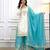 White & turquoise silk readymade suit with embroidery & mirror work