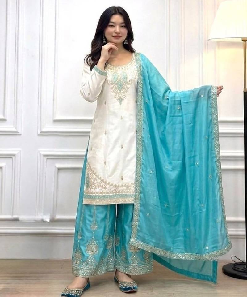 White & turquoise silk readymade suit with embroidery & mirror work