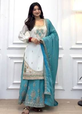 White & turquoise silk readymade suit with embroidery & mirror work 2
