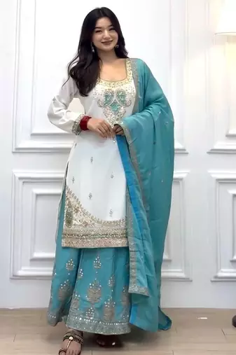 White & turquoise silk readymade suit with embroidery & mirror work