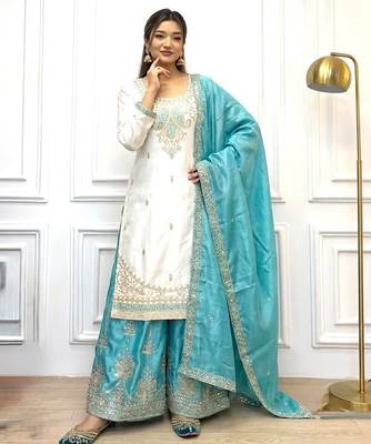 White & turquoise silk readymade suit with embroidery & mirror work 3