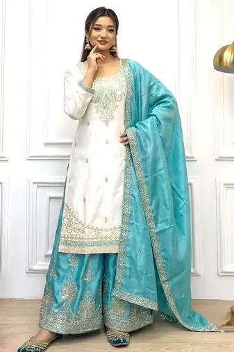 White & turquoise silk readymade suit with embroidery & mirror work
