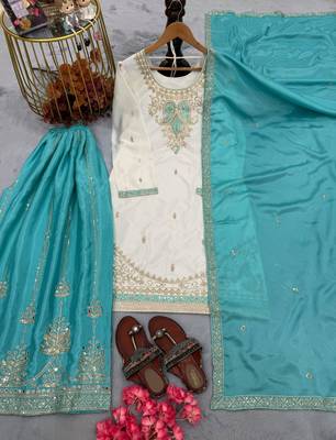 White & turquoise silk readymade suit with embroidery & mirror work 4