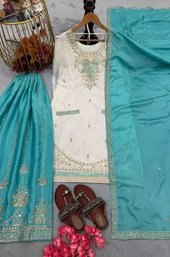 White & turquoise silk readymade suit with embroidery & mirror work
