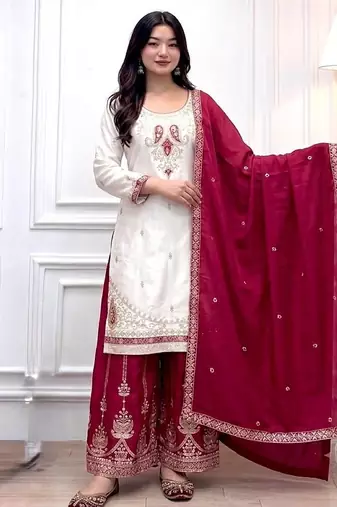White & red silk blend  readymade suit with embroidery & mirror work