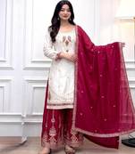 White & red silk blend  readymade suit with embroidery & mirror work