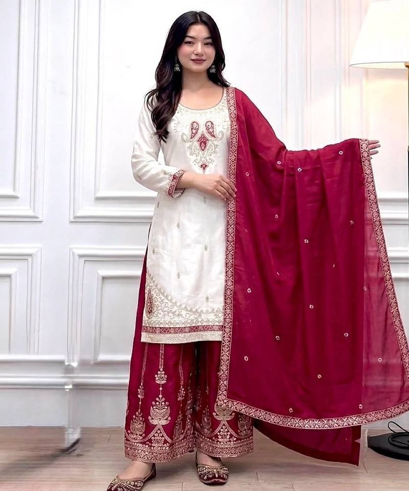 White & red silk blend  readymade suit with embroidery & mirror work
