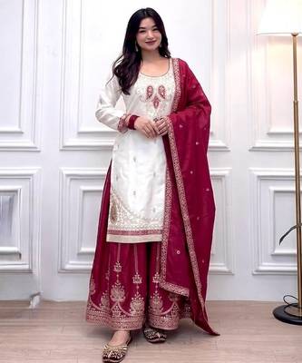 White & red silk blend  readymade suit with embroidery & mirror work 2