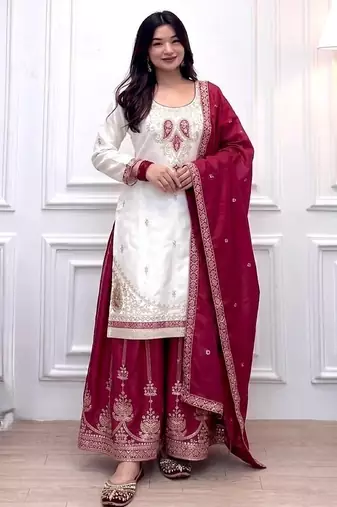 White & red silk blend  readymade suit with embroidery & mirror work