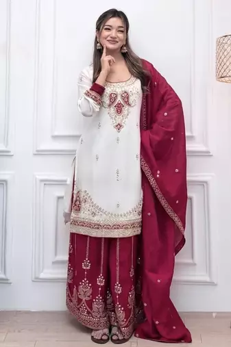 White & red silk blend  readymade suit with embroidery & mirror work