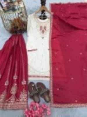 White & red silk blend  readymade suit with embroidery & mirror work 4