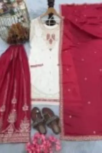 White & red silk blend  readymade suit with embroidery & mirror work