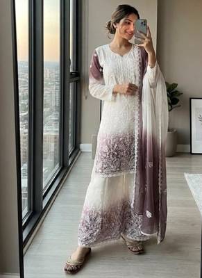 White & lavender faux georgette readymade suit with embroidery & diamond work 1