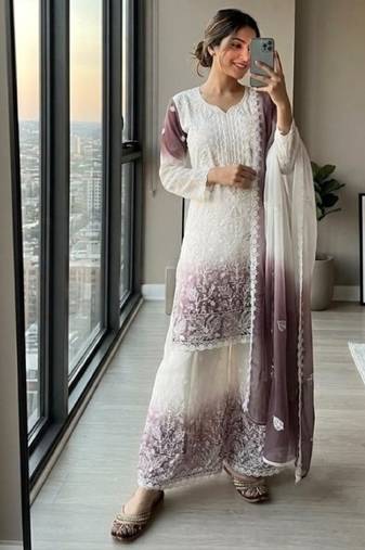 White & lavender faux georgette readymade suit with embroidery & diamond work