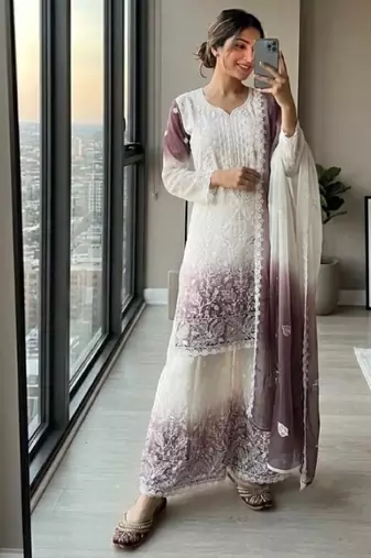 White & lavender faux georgette readymade suit with embroidery & diamond work