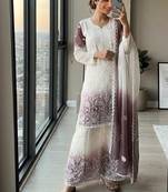 White & lavender faux georgette readymade suit with embroidery & diamond work