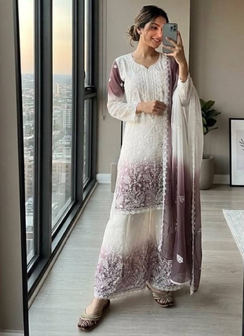 White & lavender faux georgette readymade suit with embroidery & diamond work