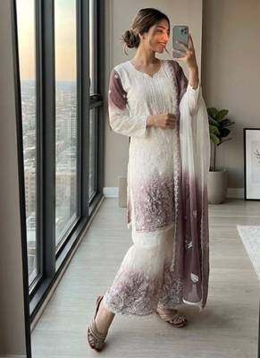 White & lavender faux georgette readymade suit with embroidery & diamond work 2