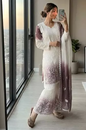 White & lavender faux georgette readymade suit with embroidery & diamond work