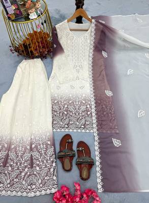 White & lavender faux georgette readymade suit with embroidery & diamond work 3