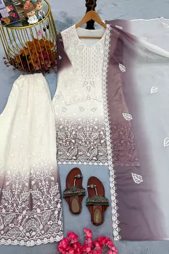 White & lavender faux georgette readymade suit with embroidery & diamond work