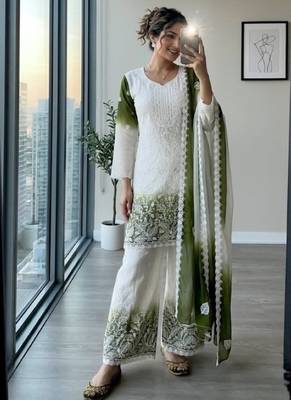 White & green faux georgette readymade suit with embroidery & diamond work 1