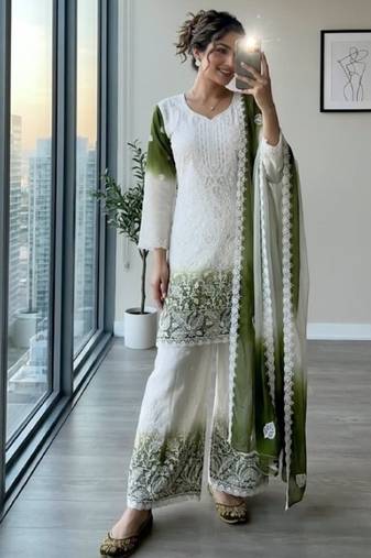White & green faux georgette readymade suit with embroidery & diamond work