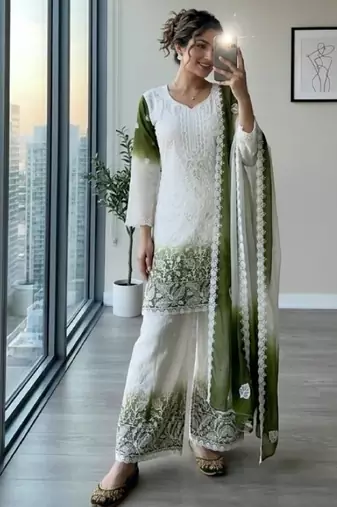 White & green faux georgette readymade suit with embroidery & diamond work