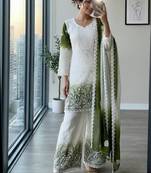 White & green faux georgette readymade suit with embroidery & diamond work
