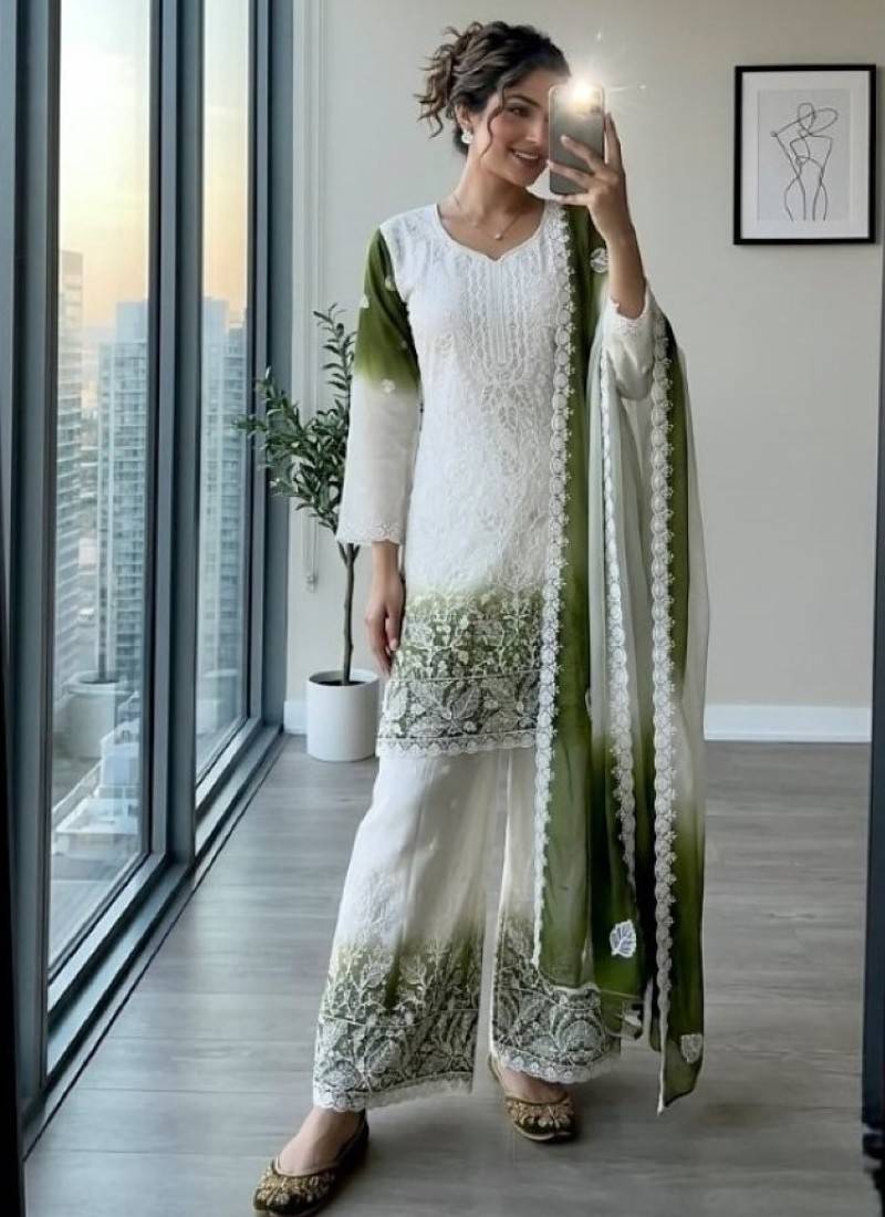 White & green faux georgette readymade suit with embroidery & diamond work