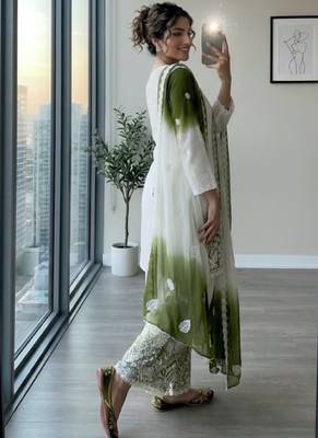 White & green faux georgette readymade suit with embroidery & diamond work 2