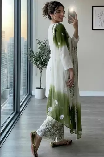 White & green faux georgette readymade suit with embroidery & diamond work