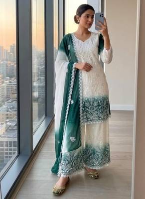 White & teal  faux georgette readymade suit with embroidery & diamond work 1
