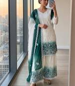 White & teal  faux georgette readymade suit with embroidery & diamond work