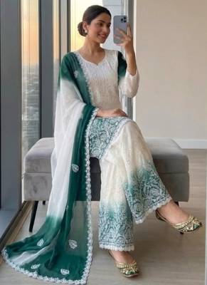 White & teal  faux georgette readymade suit with embroidery & diamond work 2