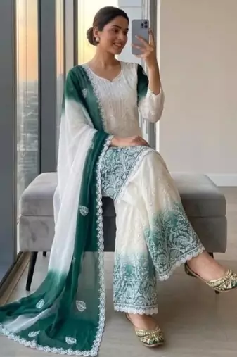 White & teal  faux georgette readymade suit with embroidery & diamond work
