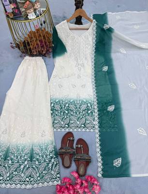 White & teal  faux georgette readymade suit with embroidery & diamond work 3