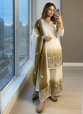 White & mustard faux georgett readymade suit with embroidery & diamond work 1