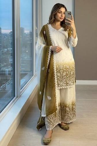 White & mustard faux georgett readymade suit with embroidery & diamond work
