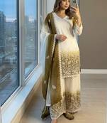 White & mustard faux georgett readymade suit with embroidery & diamond work