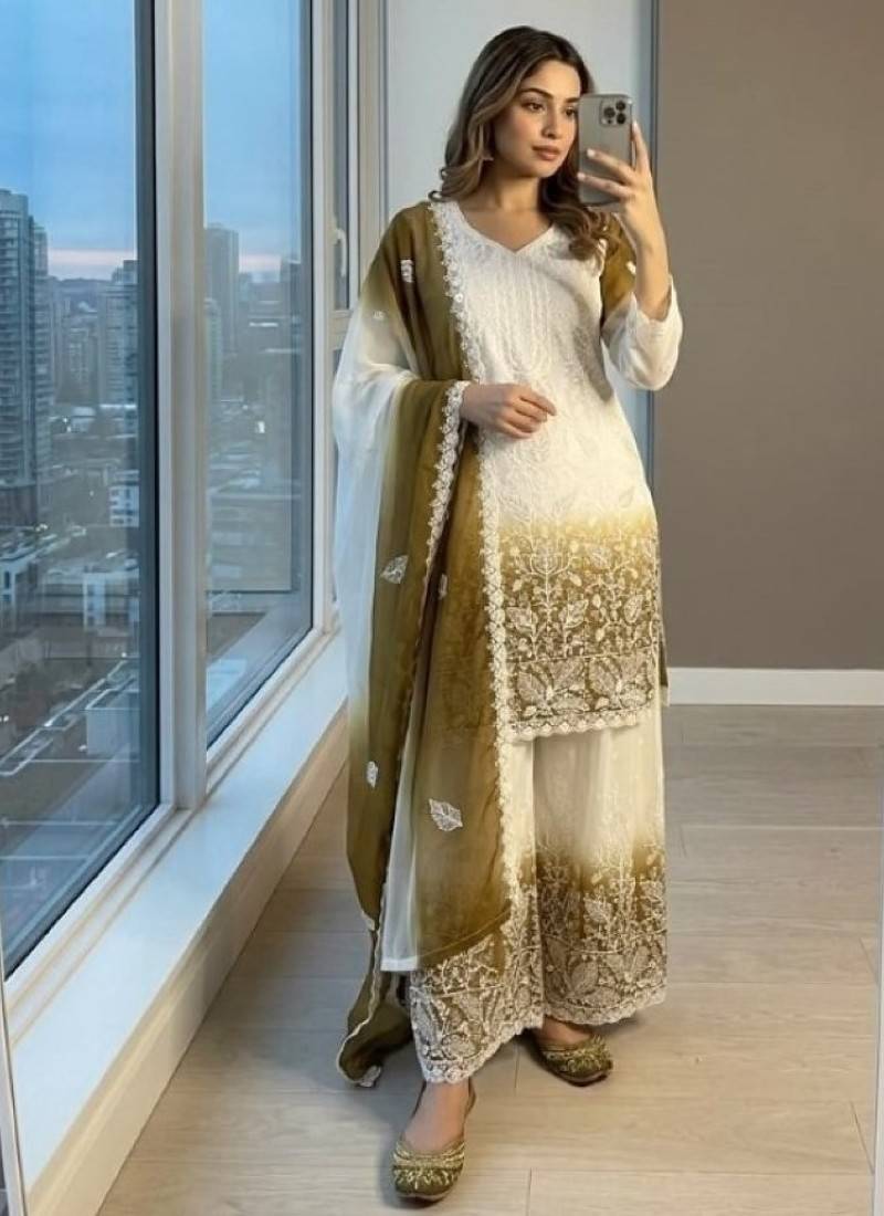 White & mustard faux georgett readymade suit with embroidery & diamond work