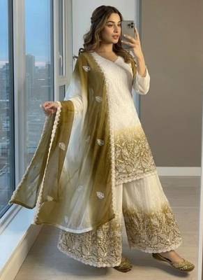 White & mustard faux georgett readymade suit with embroidery & diamond work 2