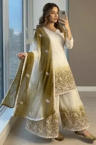 White & mustard faux georgett readymade suit with embroidery & diamond work